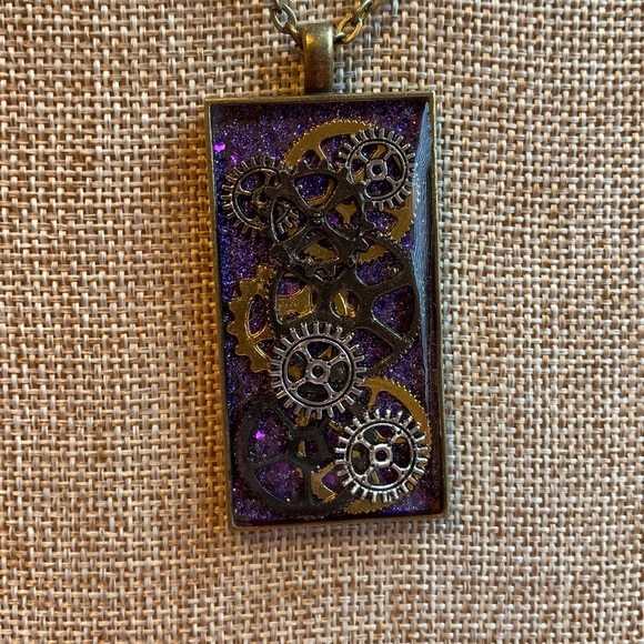 Steampunk layered Gears Necklace New Purple Handmade - Picture 4 of 9